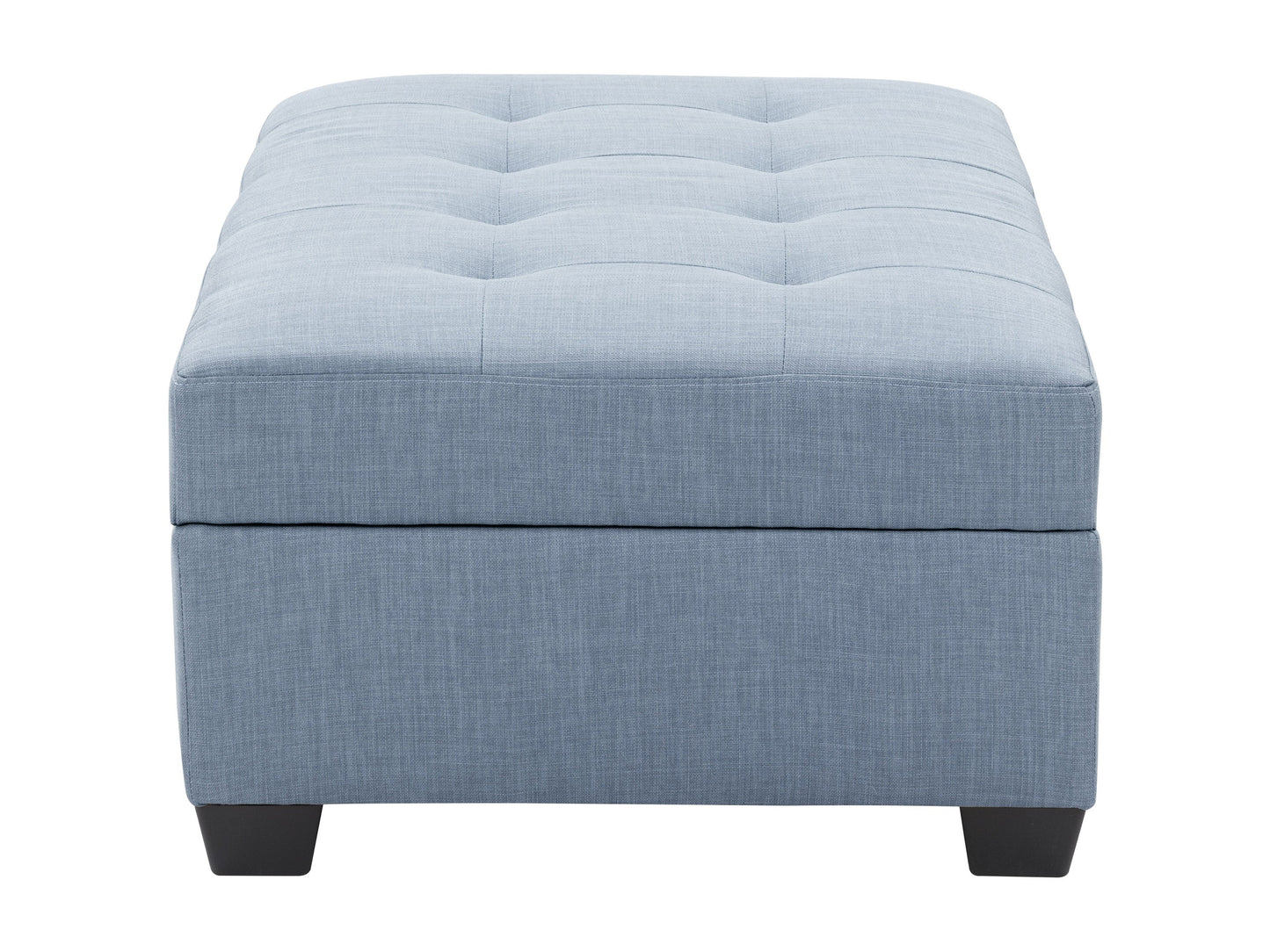 Tufted storage ottoman in gray fabric with button-tufted top, wooden legs, and spacious interior storage compartment. Ideal for living room or bedroom decor.