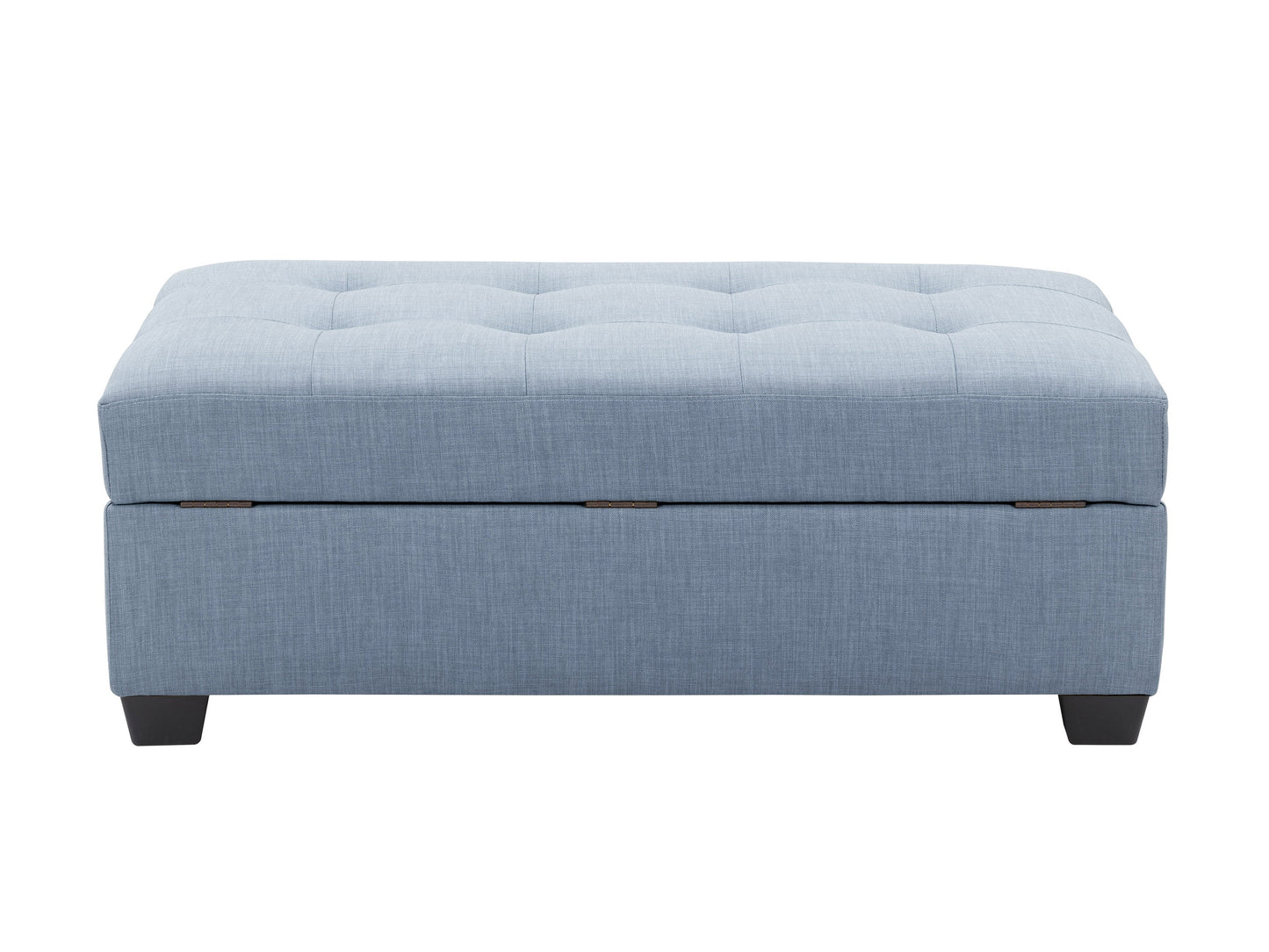 Tufted storage ottoman in beige fabric with button-tufted design, wooden legs, and spacious interior storage. Perfect for living room or bedroom decor.