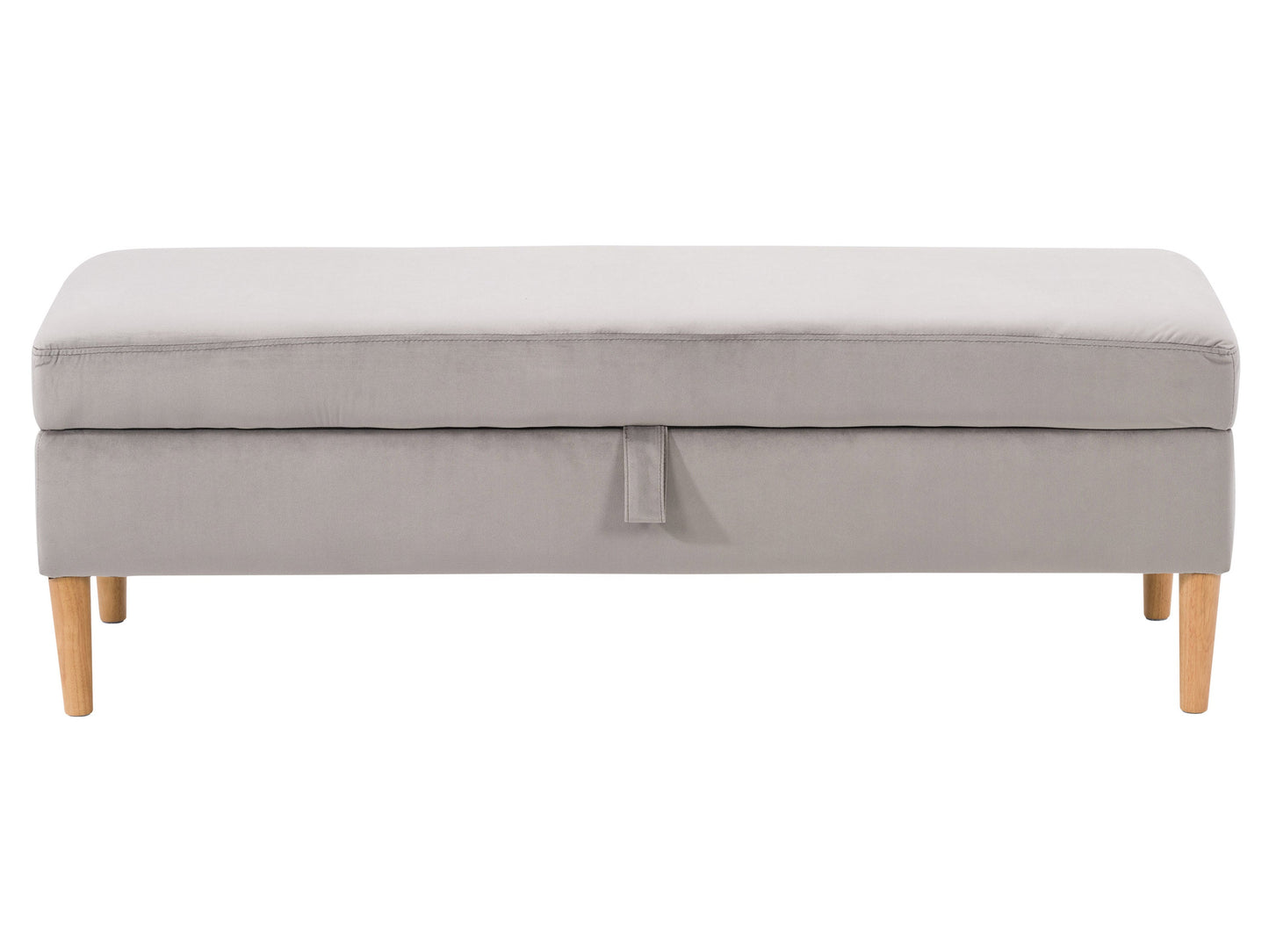 Light grey velvet storage ottoman with tufted top, wooden legs, and spacious interior compartment for extra storage.