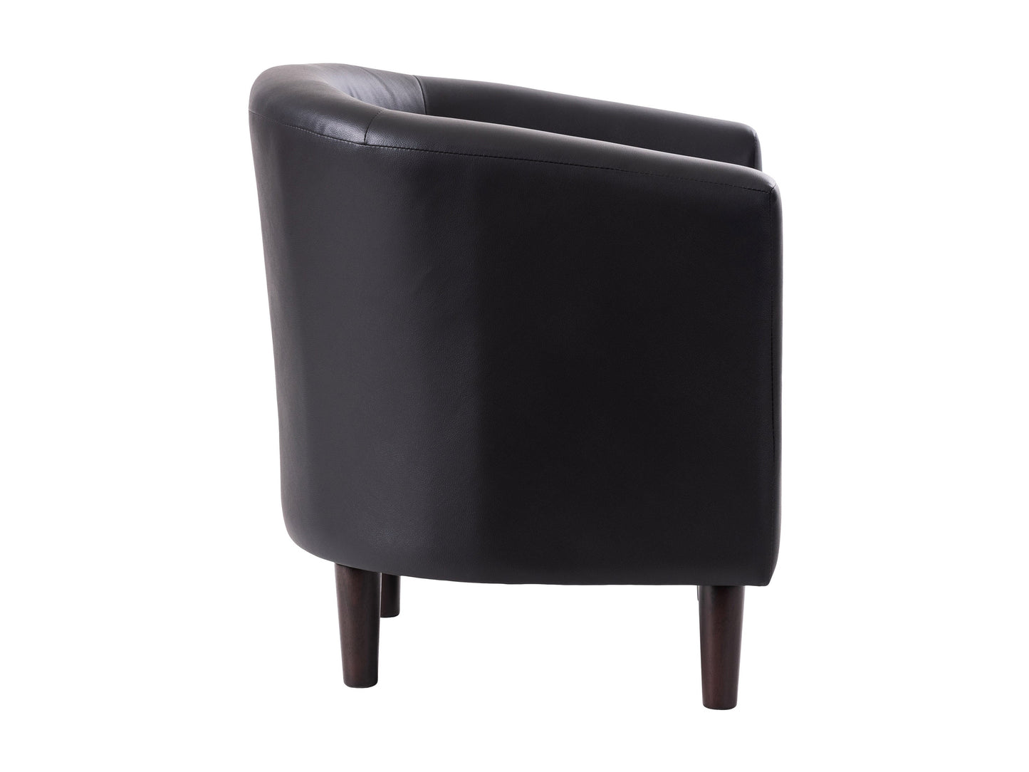 Black vegan leather barrel chair with sleek curves, smooth texture, and padded seat. Features a modern design with sturdy metal legs, perfect for contemporary living rooms or offices.