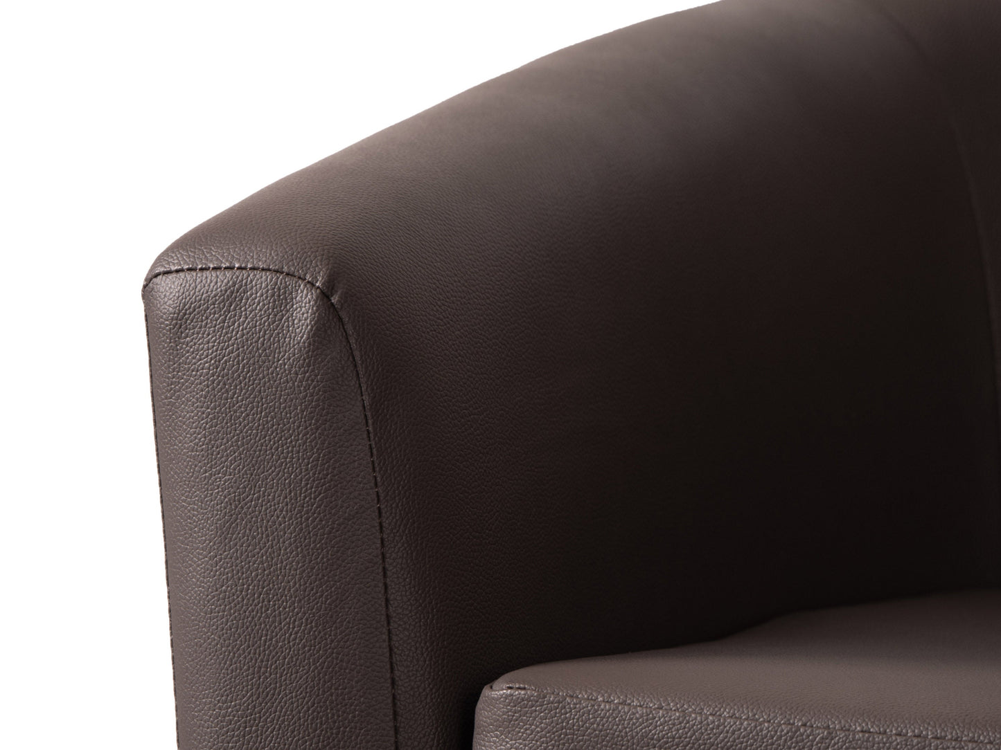 Dark brown vegan leather barrel chair with curved backrest, plush cushioning, and sleek wooden legs, perfect for modern living rooms or home offices.