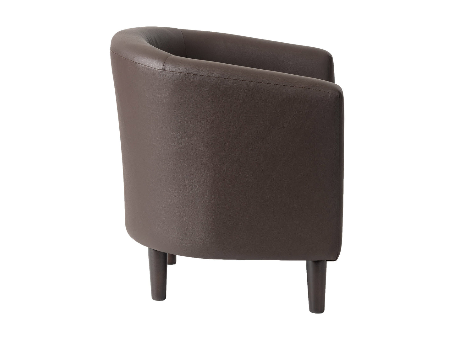 Dark brown vegan leather barrel chair with curved backrest, plush cushioning, and sleek wooden legs, perfect for modern living rooms or home offices.