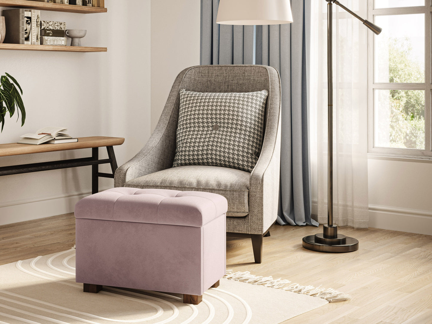 Pink velvet ottoman with storage, featuring a tufted top, gold metal legs, and a spacious interior compartment for organizing items. Perfect for adding a touch of elegance and functionality to any living space.
