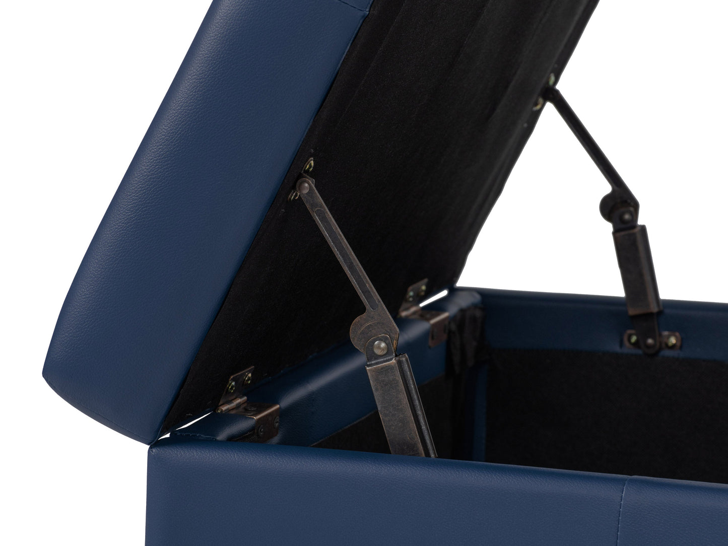 Blue upholstered ottoman with tufted top, wooden legs, and built-in storage compartment. Ideal for living room or bedroom decor, offering both seating and organizational solutions.