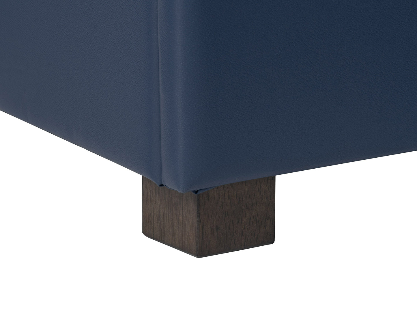 Blue upholstered ottoman with tufted top, wooden legs, and built-in storage compartment. Ideal for living room or bedroom decor, offering both seating and organizational solutions.