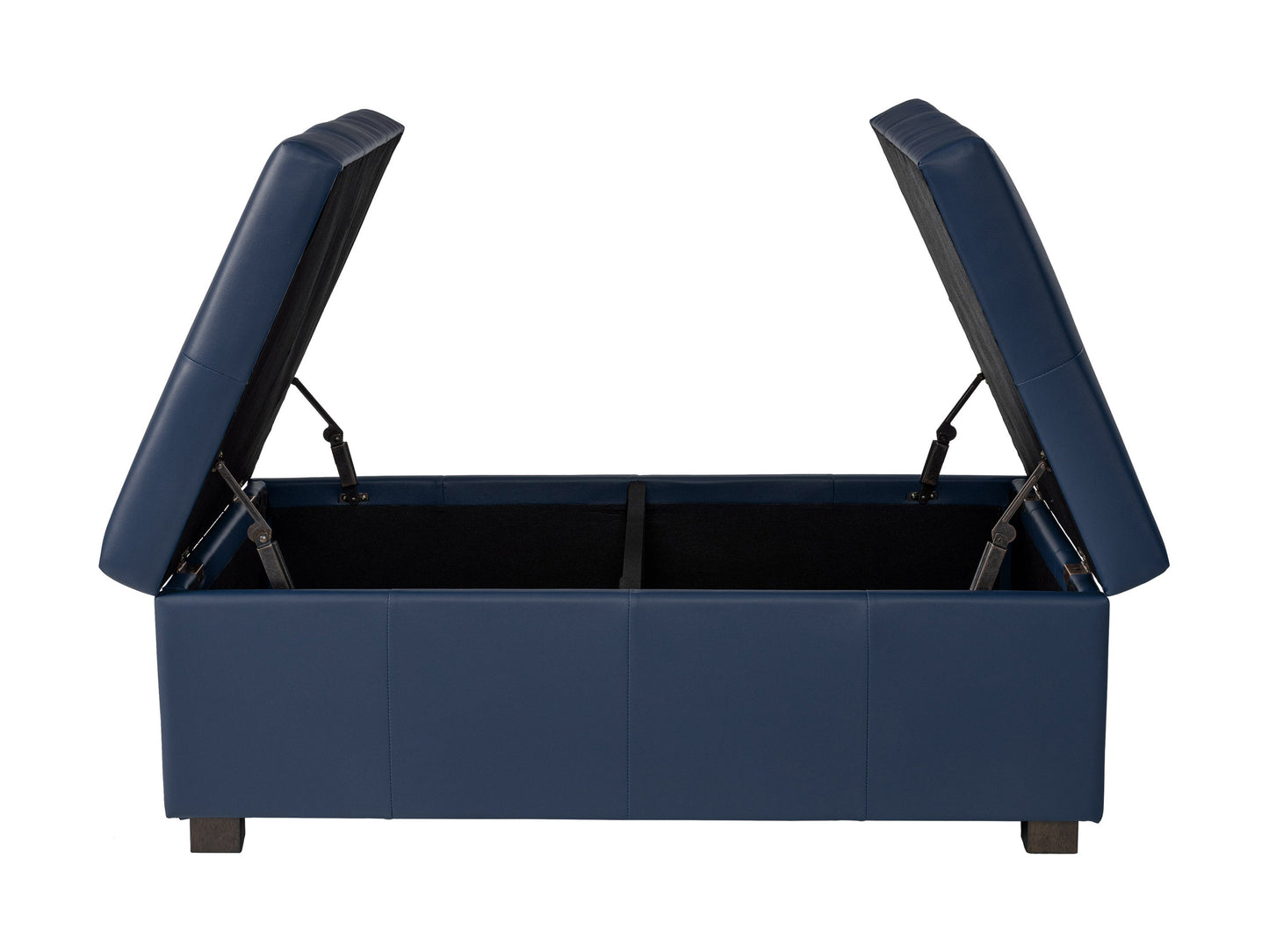Blue upholstered ottoman with tufted top, wooden legs, and built-in storage compartment. Ideal for living room or bedroom decor, offering both seating and organizational solutions.