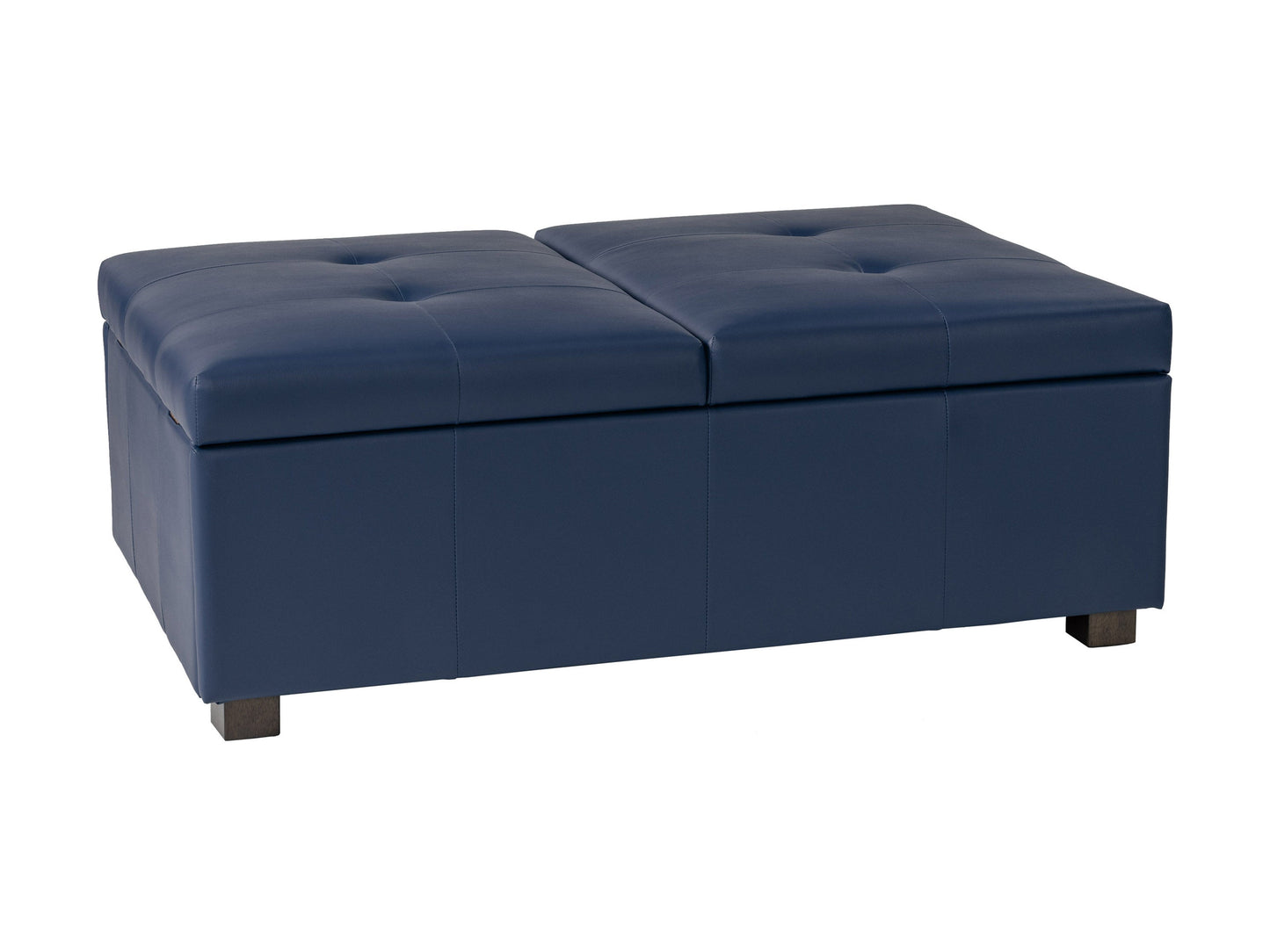 Blue upholstered ottoman with tufted top, wooden legs, and built-in storage compartment. Ideal for living room or bedroom decor, offering both seating and organizational solutions.