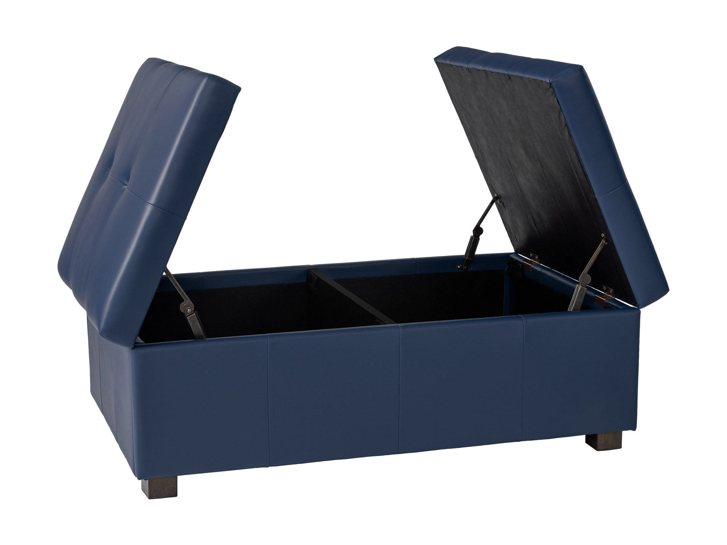 Blue upholstered ottoman with tufted top, wooden legs, and built-in storage compartment. Ideal for living room or bedroom decor, offering both seating and organizational solutions.