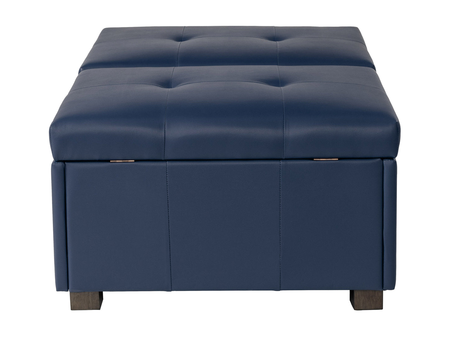 Blue upholstered ottoman with tufted top, wooden legs, and built-in storage compartment. Ideal for living room or bedroom decor, offering both seating and organizational solutions.