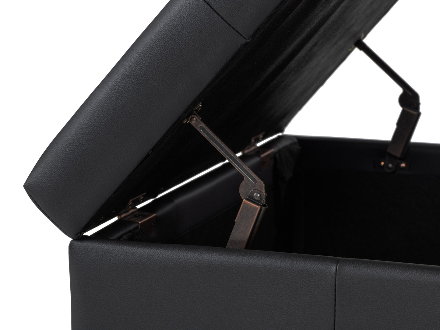 Matte black deluxe storage ottoman with tufted faux leather upholstery, spacious interior storage, and sleek minimalist design. Ideal for modern living rooms and versatile as extra seating or a coffee table.
