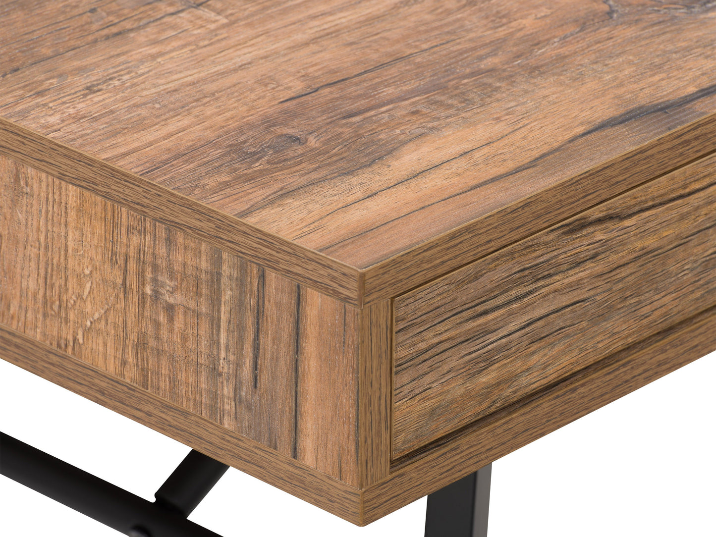 Rustic wood coffee table in brown with a rectangular shape, featuring a distressed finish, sturdy legs, and a lower shelf for storage. Ideal for living rooms with a farmhouse or vintage decor.