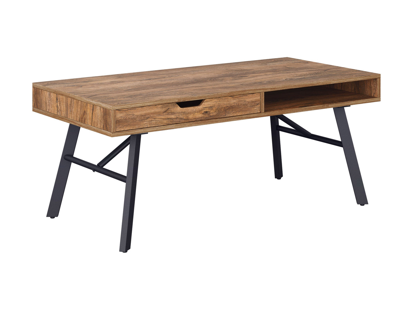 Rustic wood coffee table in brown with a rectangular shape, featuring a distressed finish, sturdy legs, and a lower shelf for storage. Ideal for living rooms with a farmhouse or vintage decor.
