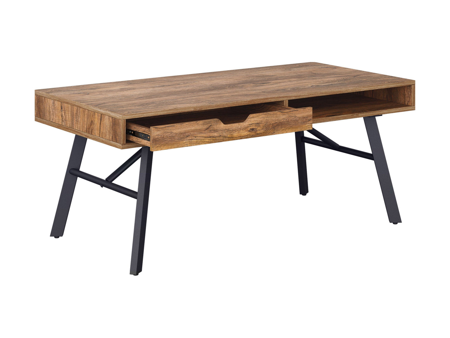 Rustic wood coffee table in brown with a rectangular shape, featuring a distressed finish, sturdy legs, and a lower shelf for storage. Ideal for living rooms with a farmhouse or vintage decor.