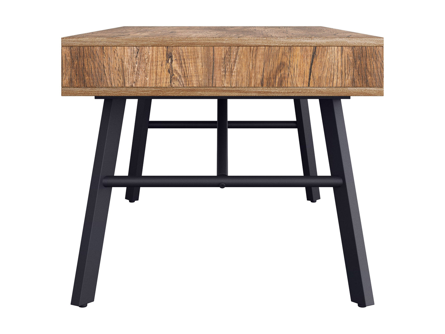 Rustic wood coffee table in brown with a rectangular shape, featuring a distressed finish, sturdy legs, and a lower shelf for storage. Ideal for living rooms with a farmhouse or vintage decor.