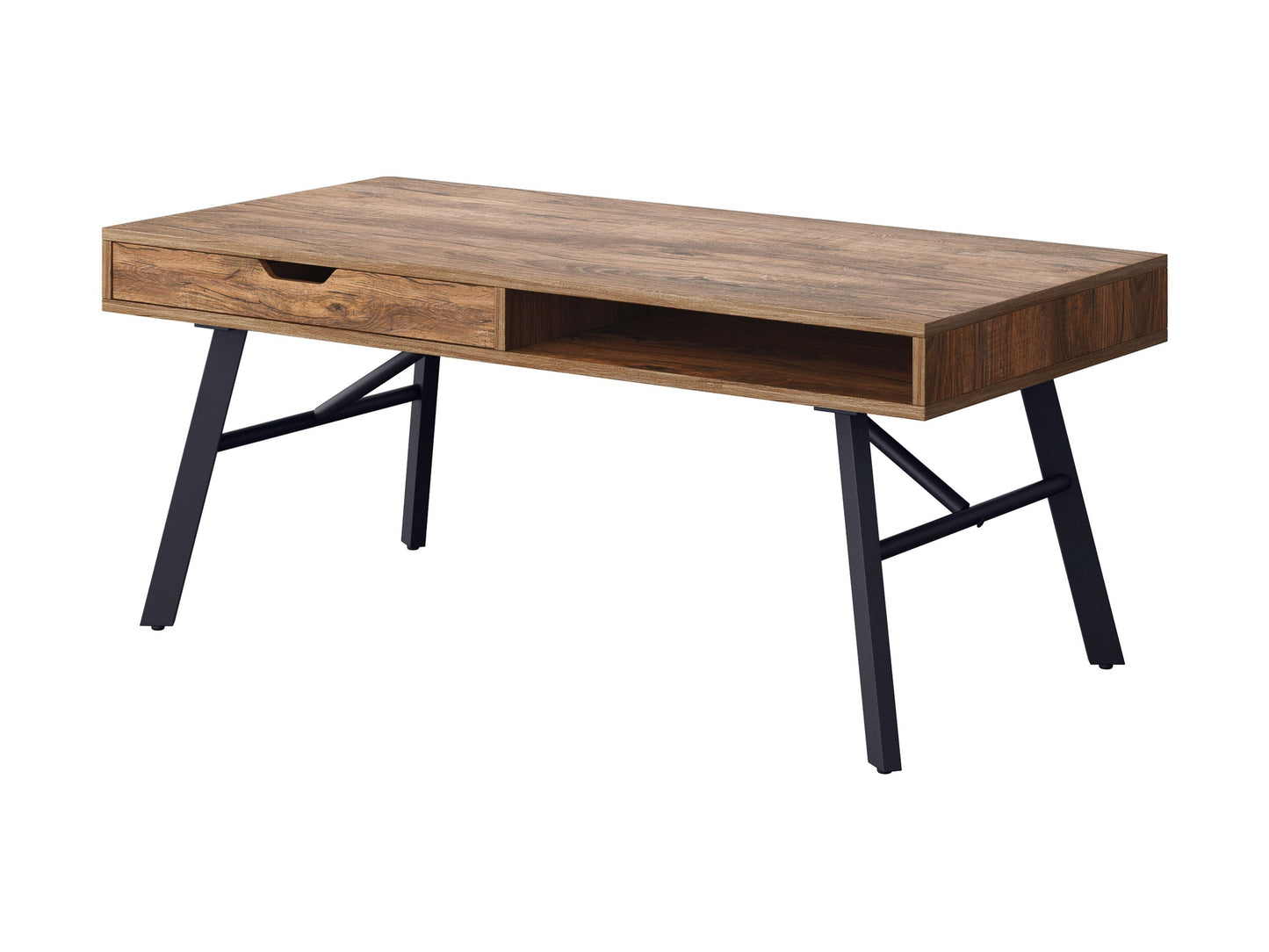 Rustic wood coffee table in brown with a rectangular shape, featuring a distressed finish, sturdy legs, and a lower shelf for storage. Ideal for living rooms with a farmhouse or vintage decor.