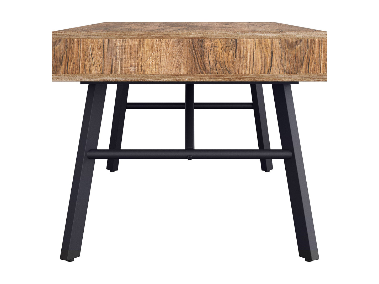 Rustic wood coffee table in brown with a rectangular shape, featuring a distressed finish, sturdy legs, and a lower shelf for storage. Ideal for living rooms with a farmhouse or vintage decor.