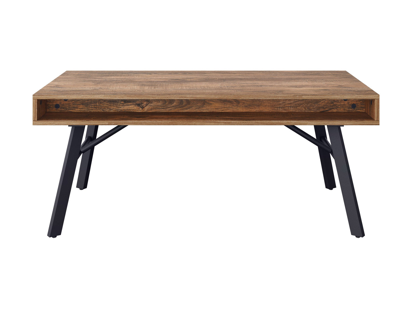 Rustic wood coffee table in brown with a rectangular shape, featuring a distressed finish, sturdy legs, and a lower shelf for storage. Ideal for living rooms with a farmhouse or vintage decor.