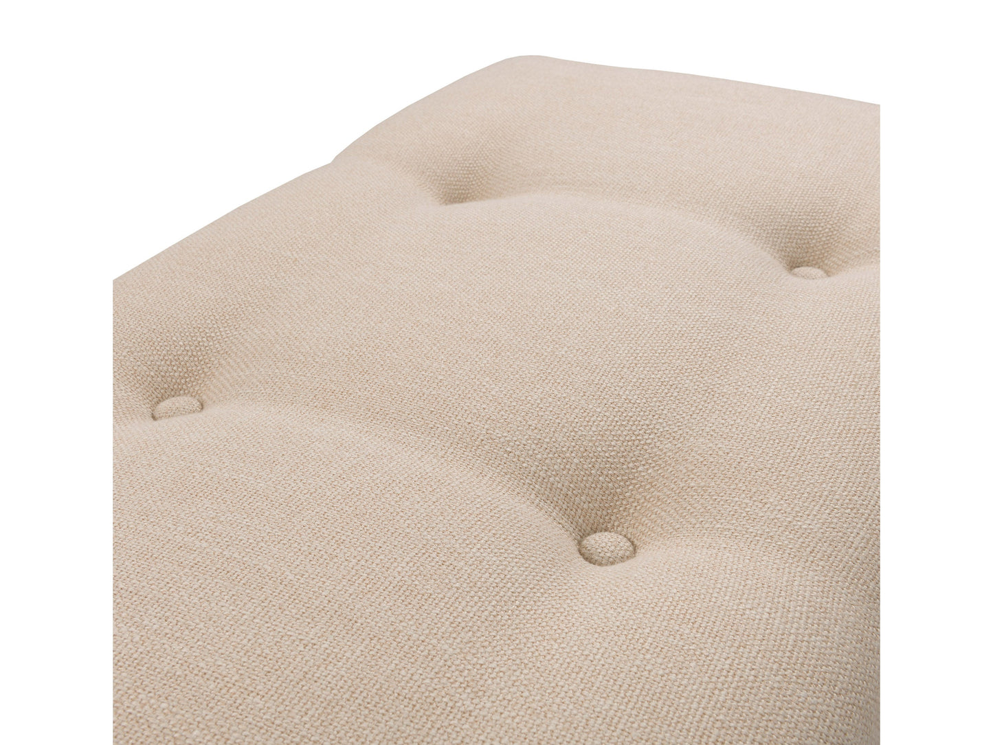 Cream accent bench with tufted upholstery, wooden legs, and a sleek design. The bench features a soft, cream-colored fabric with button detailing and dark wooden legs, perfect for entryways or living rooms.