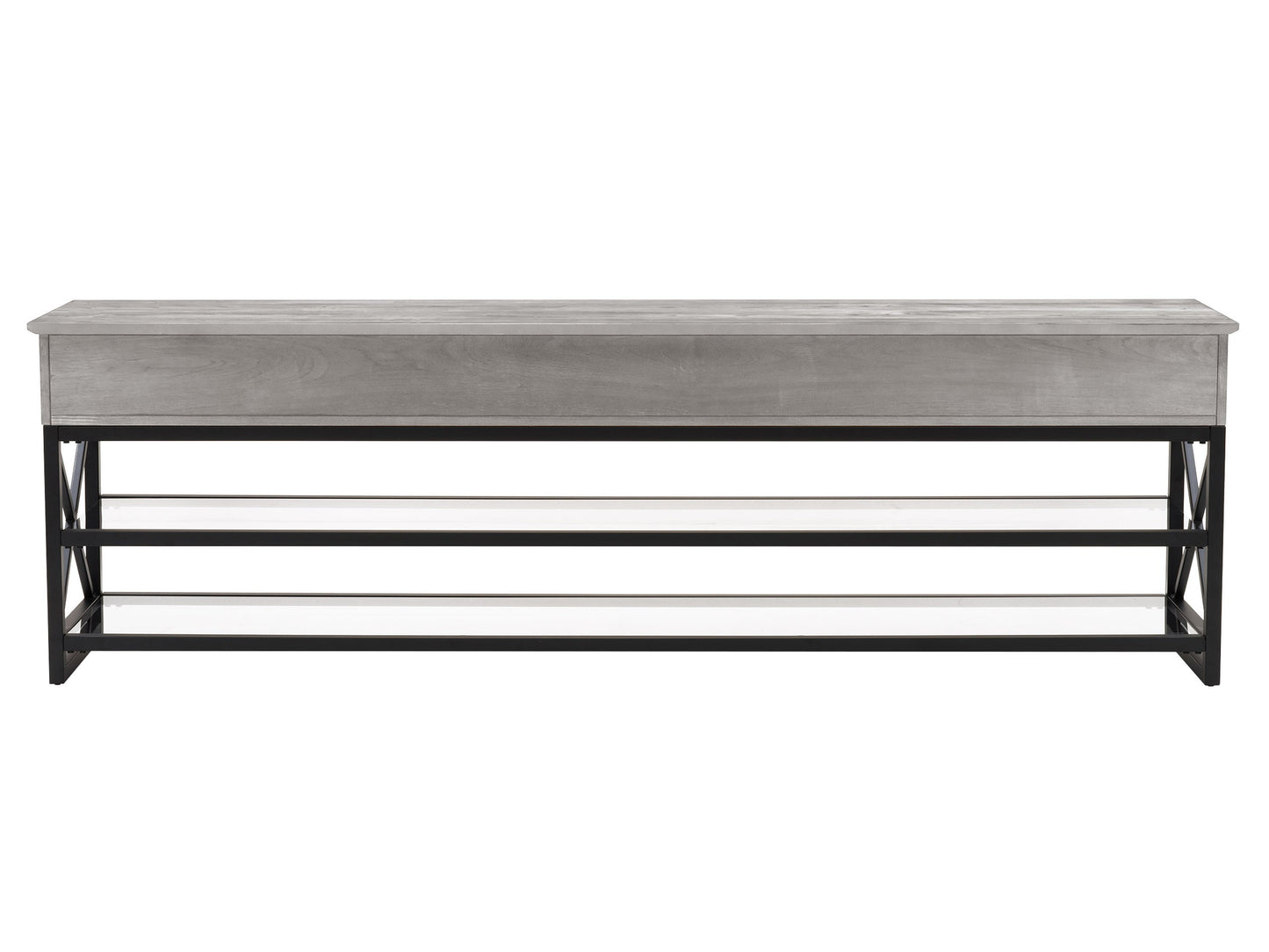 Grey TV stand for TVs up to 95 inches, featuring sleek modern design, durable wood construction, two spacious open shelves, and a minimalist style perfect for contemporary living rooms.
