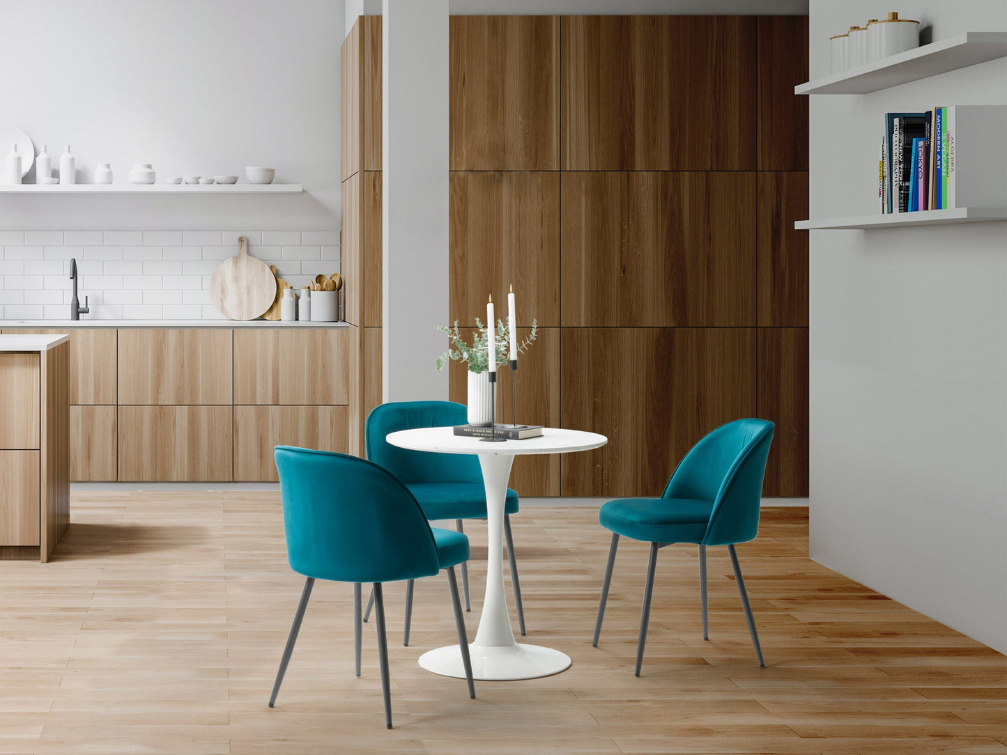 Teal velvet dining chair with gold metal legs, featuring a curved backrest and plush cushioning for luxurious comfort and modern elegance. Ideal for contemporary dining rooms or stylish home offices.