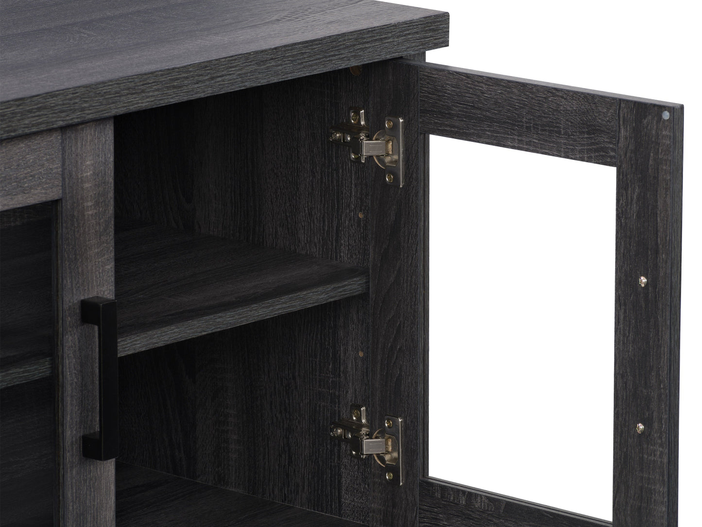 Dark grey TV stand for TVs up to 95 inches, featuring a sleek modern design, sturdy wooden construction, and ample storage with open shelves and closed cabinets. Ideal for contemporary living rooms.