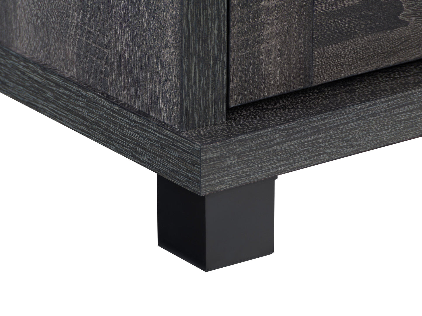 Dark grey TV stand for TVs up to 95 inches, featuring a sleek modern design, sturdy wooden construction, and ample storage with open shelves and closed cabinets. Ideal for contemporary living rooms.