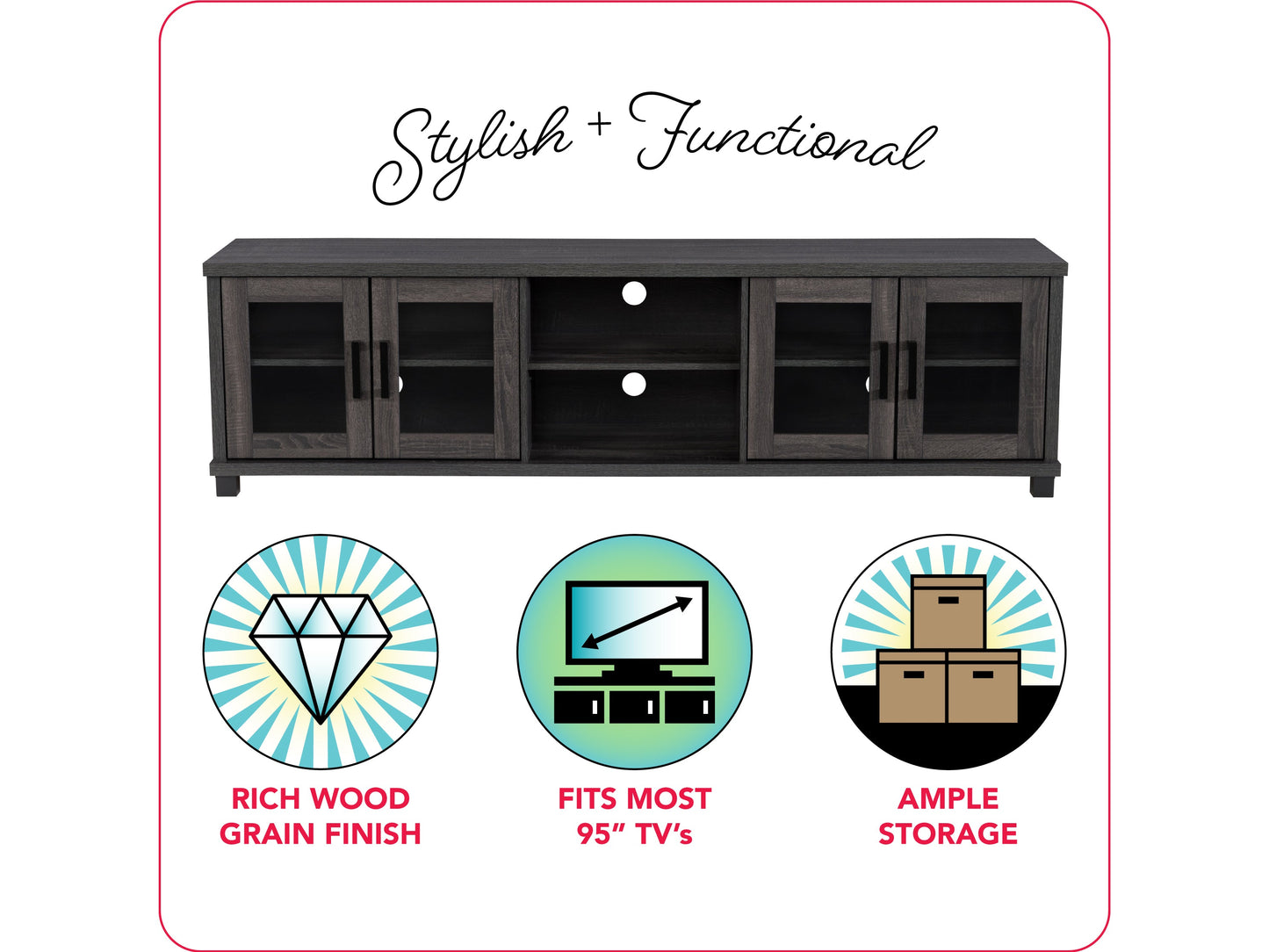 Dark grey TV stand for TVs up to 95 inches, featuring a sleek modern design, sturdy wooden construction, and ample storage with open shelves and closed cabinets. Ideal for contemporary living rooms.