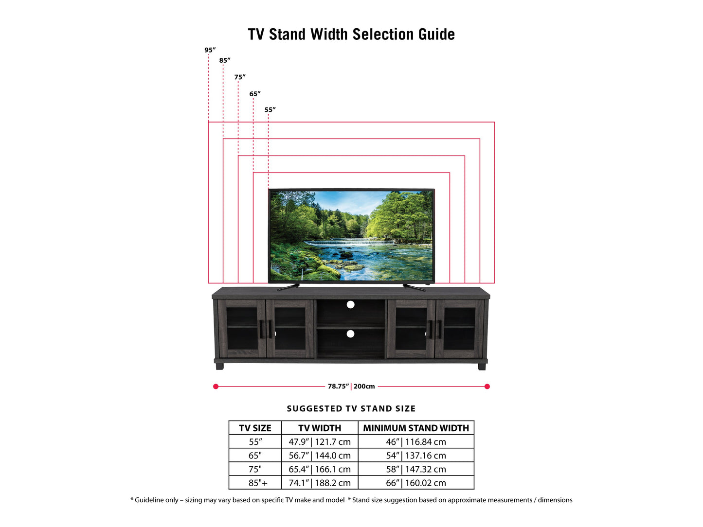 Dark grey TV stand for TVs up to 95 inches, featuring a sleek modern design, sturdy wooden construction, and ample storage with open shelves and closed cabinets. Ideal for contemporary living rooms.