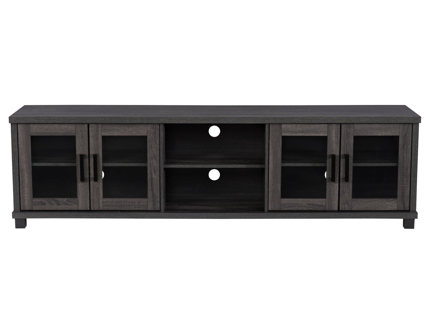 Dark grey TV stand for TVs up to 95 inches, featuring a sleek modern design, sturdy wooden construction, and ample storage with open shelves and closed cabinets. Ideal for contemporary living rooms.