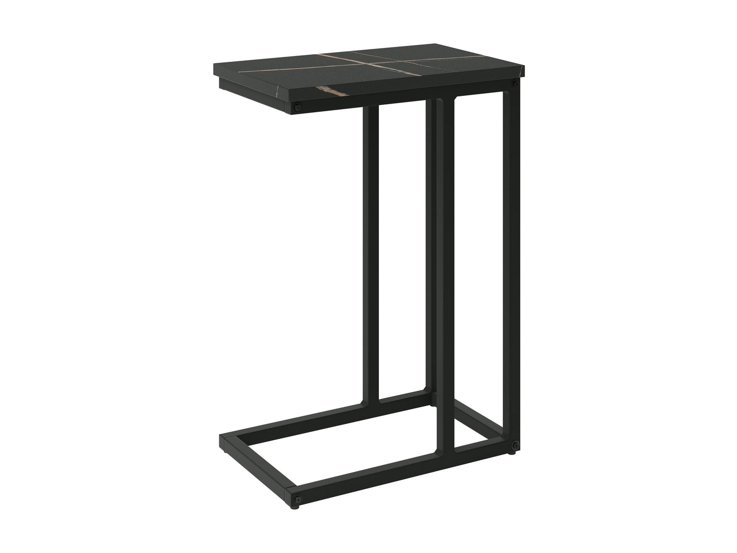 Black marble narrow side table with sleek gold metal legs, minimalist design, and smooth polished surface. Ideal for modern living rooms or bedrooms, adding elegance and functionality to small spaces.