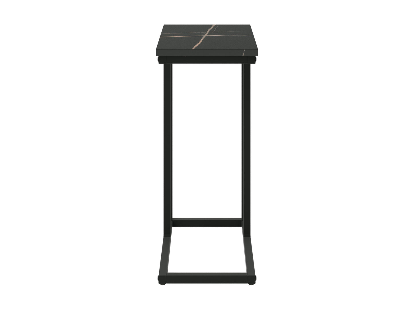 Black marble narrow side table with sleek gold metal legs, minimalist design, and smooth polished surface. Ideal for modern living rooms or bedrooms, adding elegance and functionality to small spaces.