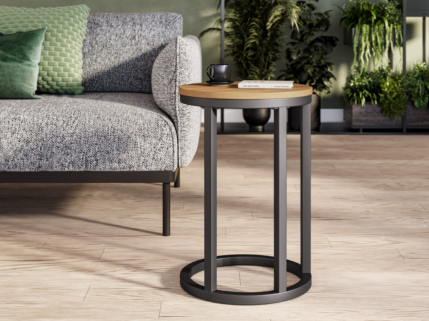 Brown wooden round side table with smooth finish, sturdy tripod legs, and minimalist design; perfect for living rooms or bedrooms.