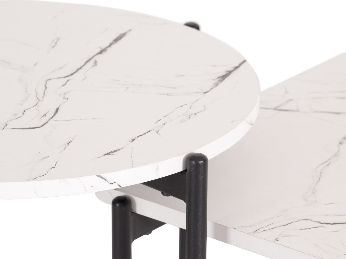 White marble coffee table set with gold metal frame, modern minimalist design, round shape, smooth polished surface, perfect for living room decor, durable and stylish, contemporary furniture piece.