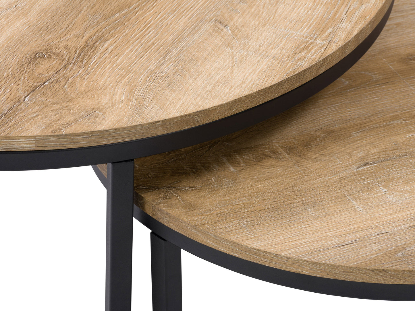 Light wood round nesting coffee tables with a smooth finish, featuring a minimalist design and sturdy metal legs. Ideal for modern living rooms, these space-saving tables can be used together or separately.