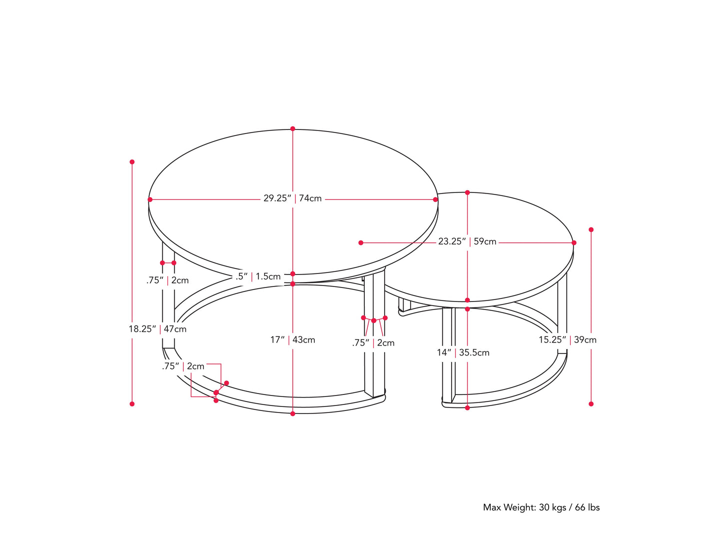 Light wood round nesting coffee tables with a smooth finish, featuring a minimalist design and sturdy metal legs. Ideal for modern living rooms, these space-saving tables can be used together or separately.