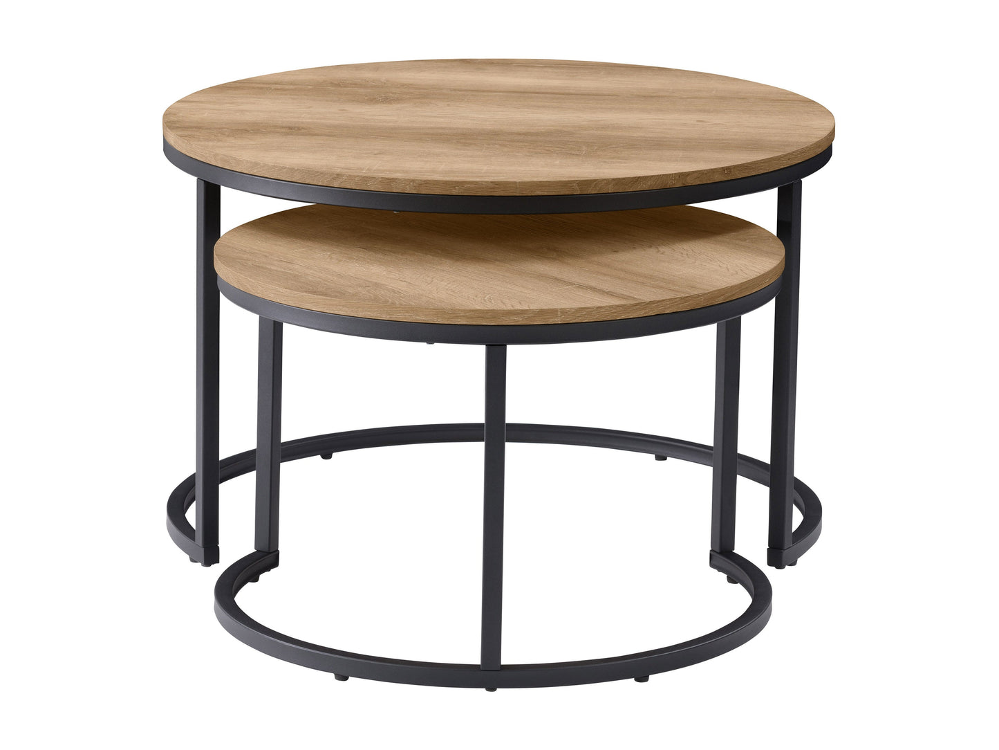 Light wood round nesting coffee tables with a smooth finish, featuring a minimalist design and sturdy metal legs. Ideal for modern living rooms, these space-saving tables can be used together or separately.