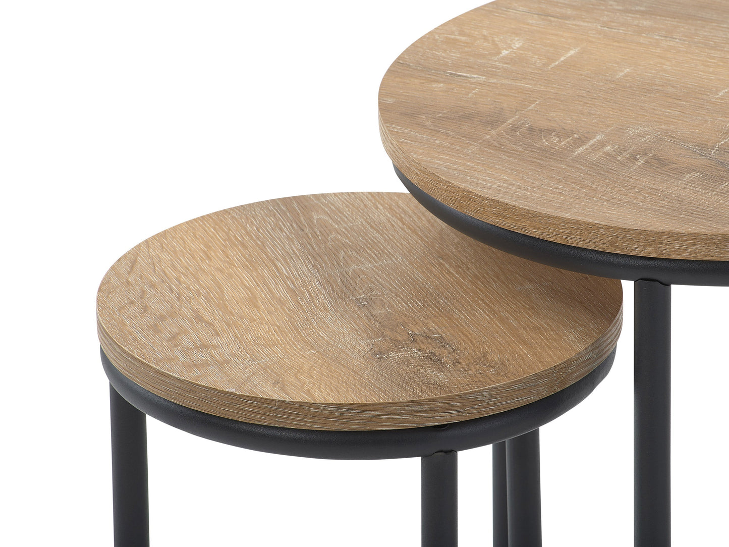Light wood round nesting side tables with sleek black metal legs, minimalist design, smooth finish, and stackable functionality for space-saving versatility. Ideal for modern living rooms and small spaces.
