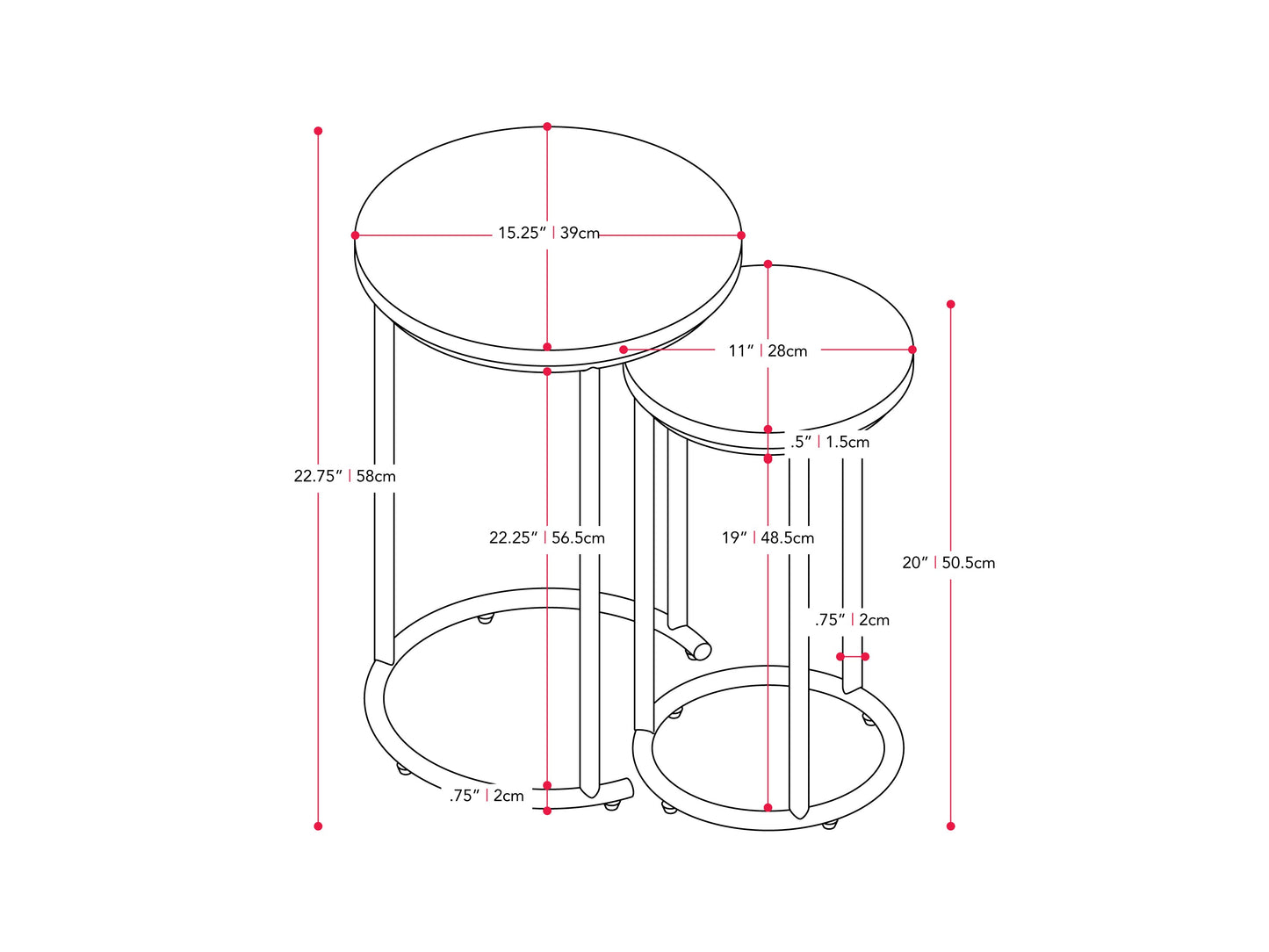 Light wood round nesting side tables with sleek black metal legs, minimalist design, smooth finish, and stackable functionality for space-saving versatility. Ideal for modern living rooms and small spaces.