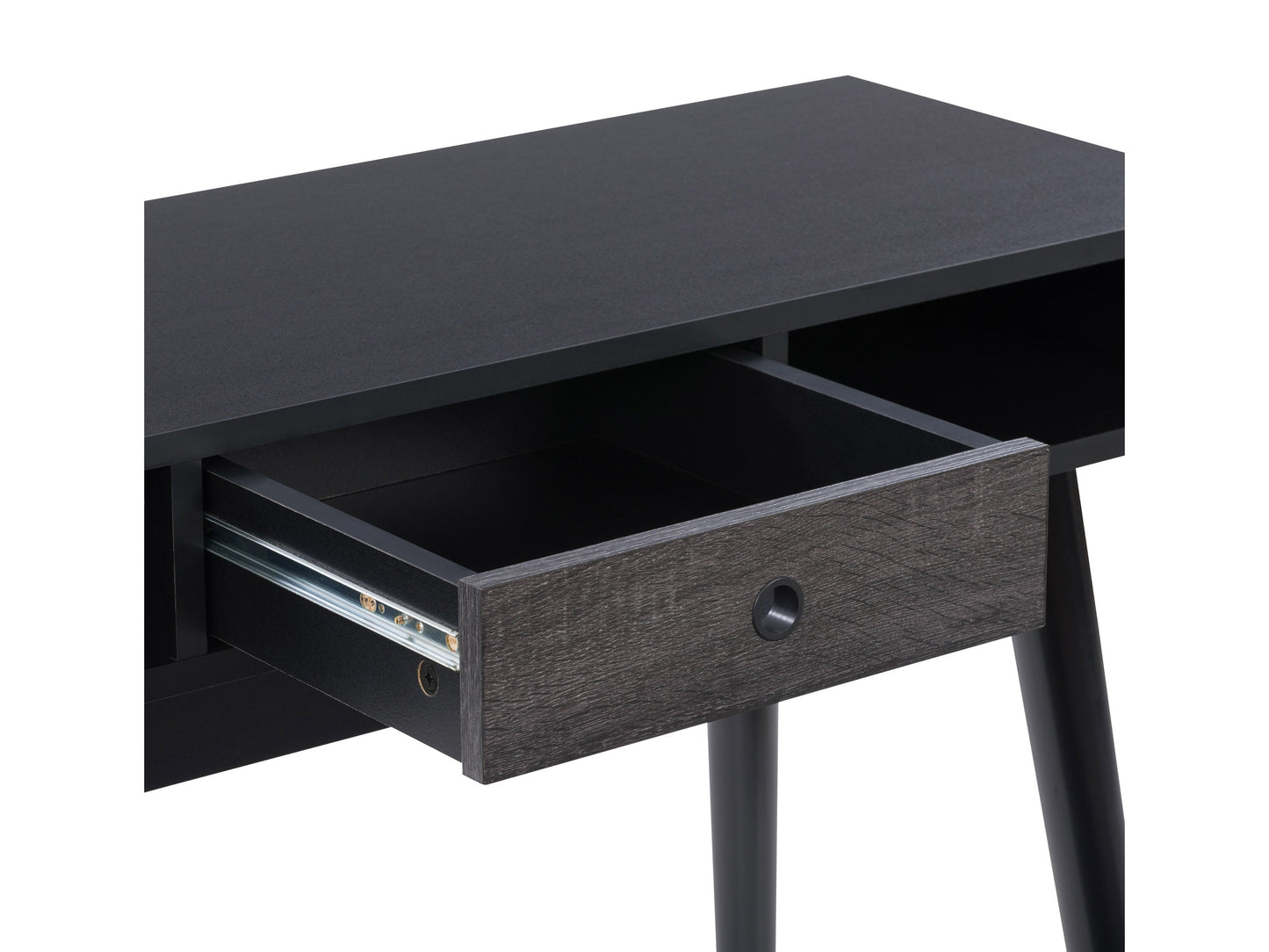 Mid-century black desk with sleek lines, wooden legs, and a smooth matte finish. Features two spacious drawers with minimalist handles, ideal for modern home offices or study spaces.