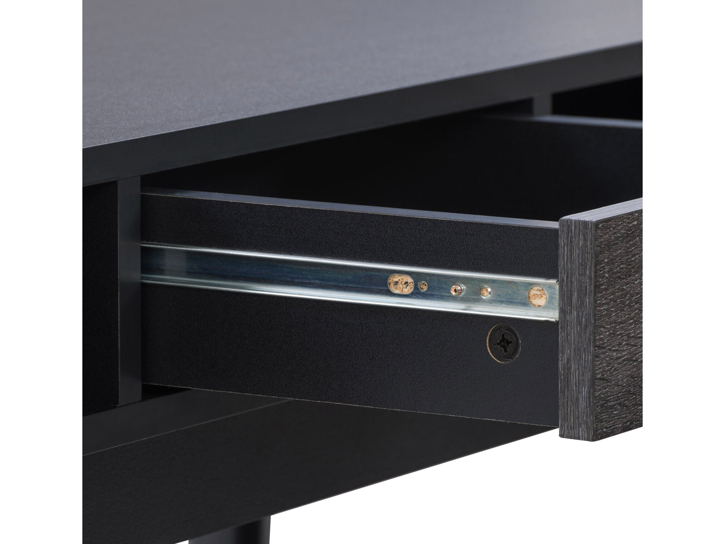 Mid-century black desk with sleek lines, wooden legs, and a smooth matte finish. Features two spacious drawers with minimalist handles, ideal for modern home offices or study spaces.