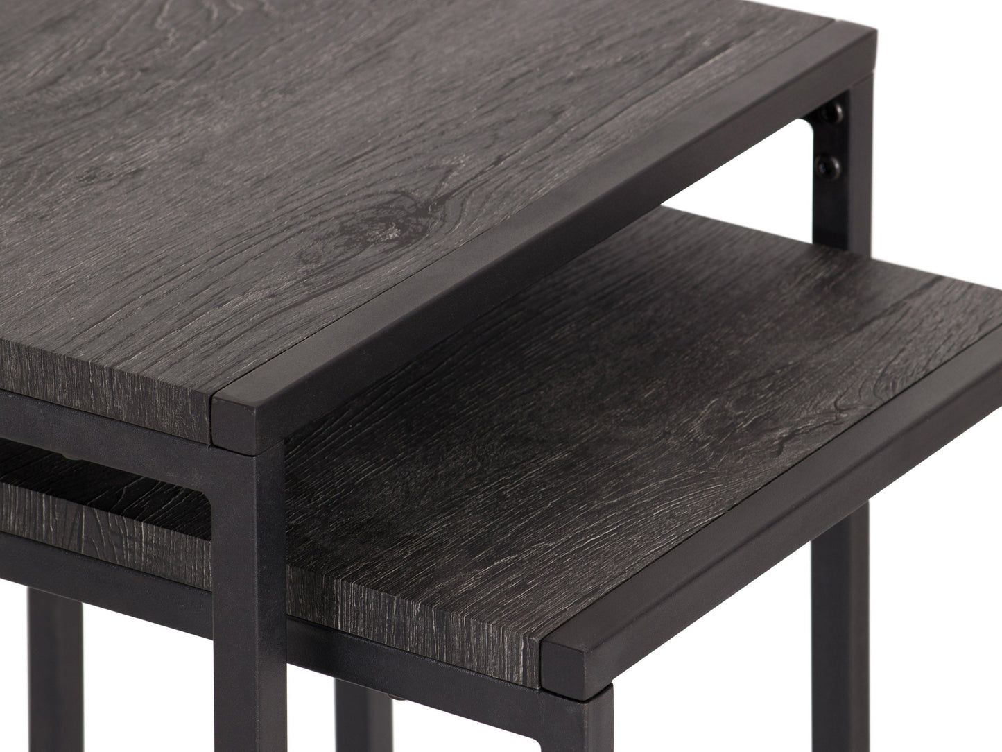 Grey wood square nesting side tables with sleek metal legs, modern minimalist design, and space-saving functionality. Perfect for contemporary living rooms or bedrooms, offering versatile use and stylish storage solutions.