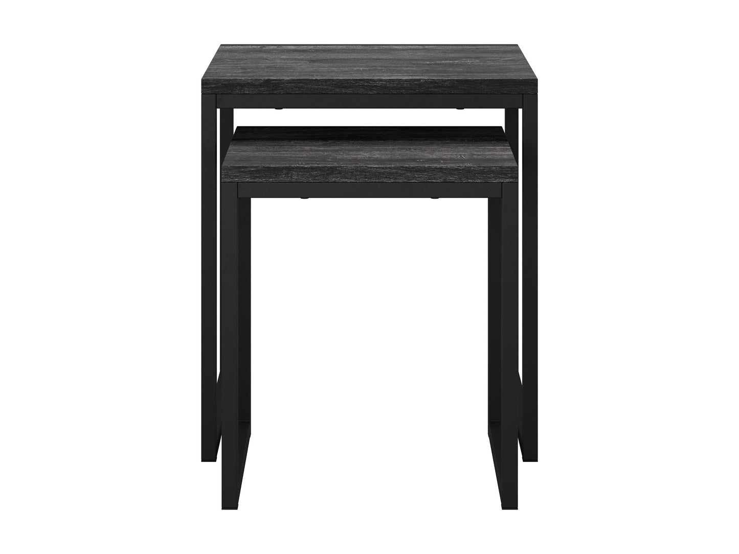 Grey wood square nesting side tables with sleek metal legs, modern minimalist design, and space-saving functionality. Perfect for contemporary living rooms or bedrooms, offering versatile use and stylish storage solutions.