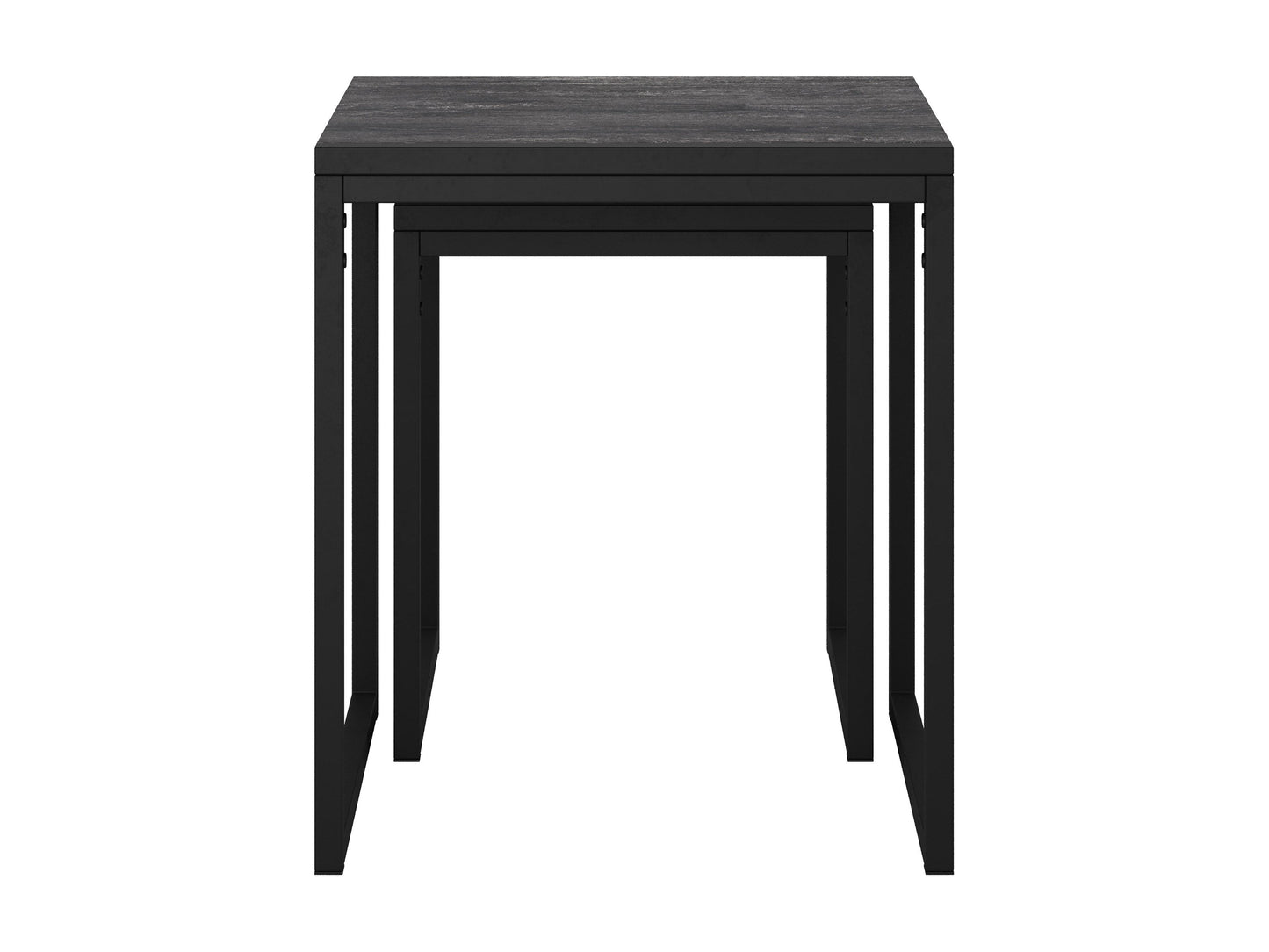 Grey wood square nesting side tables with sleek metal legs, modern minimalist design, and space-saving functionality. Perfect for contemporary living rooms or bedrooms, offering versatile use and stylish storage solutions.