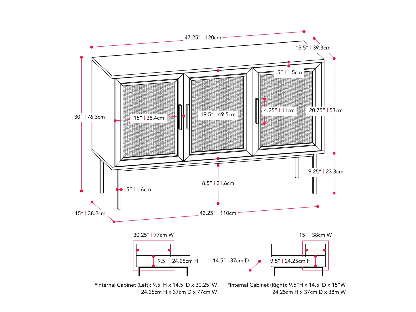 Light brown wood sideboard buffet with sleek design, featuring two cabinet doors and three drawers, metal handles, and a smooth finish. Ideal for modern dining rooms or living spaces.