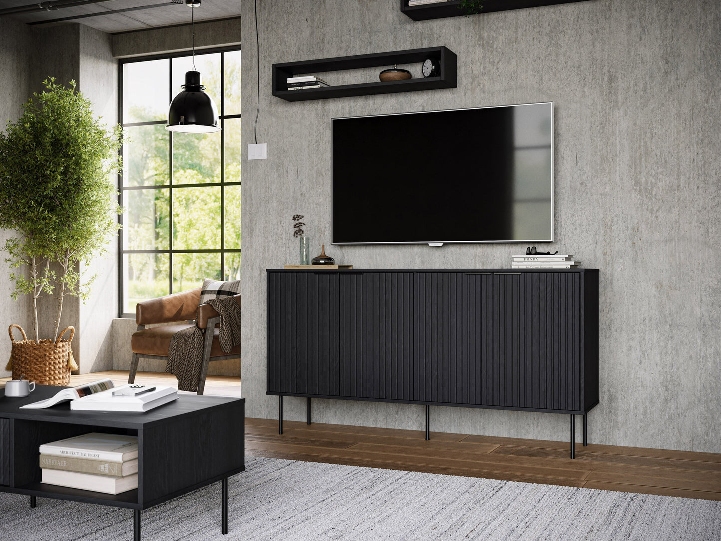 Modern sideboard buffet with sleek walnut finish, featuring three spacious drawers and two cabinet doors with brushed metal handles, perfect for stylish storage in dining or living rooms.