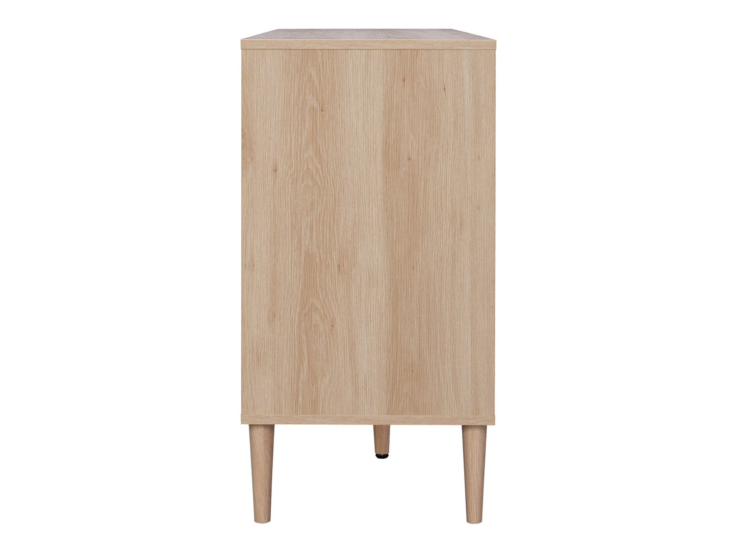 Rattan sideboard cabinet with natural woven rattan doors, light wood frame, and black metal legs. Features two spacious compartments with shelves and a sleek modern design. Ideal for stylish storage solutions.