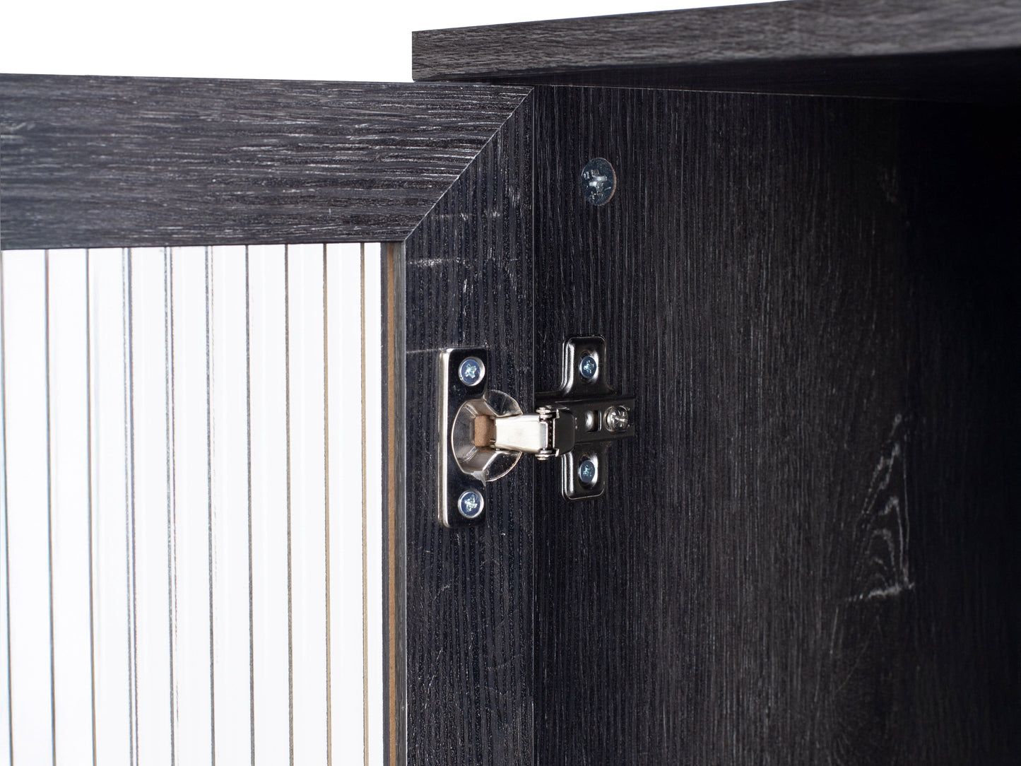 Fluted glass sideboard with black metal frame, wooden top, and textured glass doors.