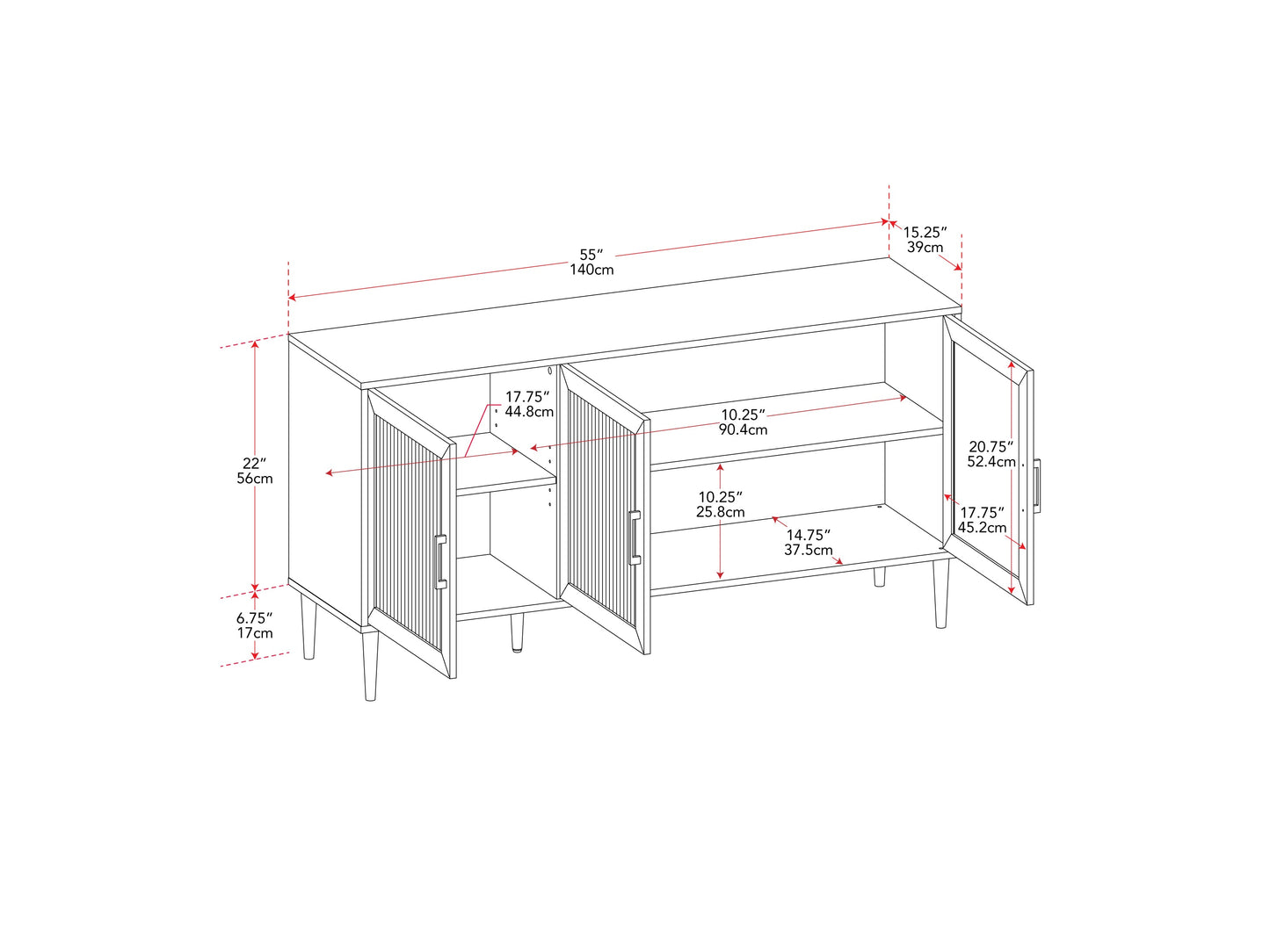 Fluted glass sideboard with black metal frame, featuring elegant ribbed glass doors and sleek minimalist design.