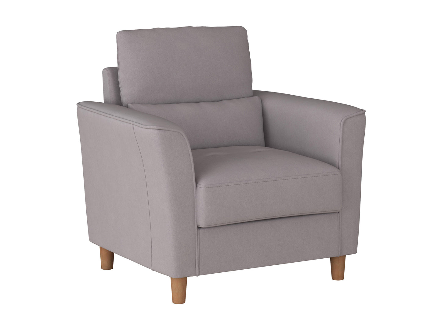 Modern arm chair in light gray fabric with wooden legs, featuring a minimalist design, curved armrests, and a cushioned seat for comfort.