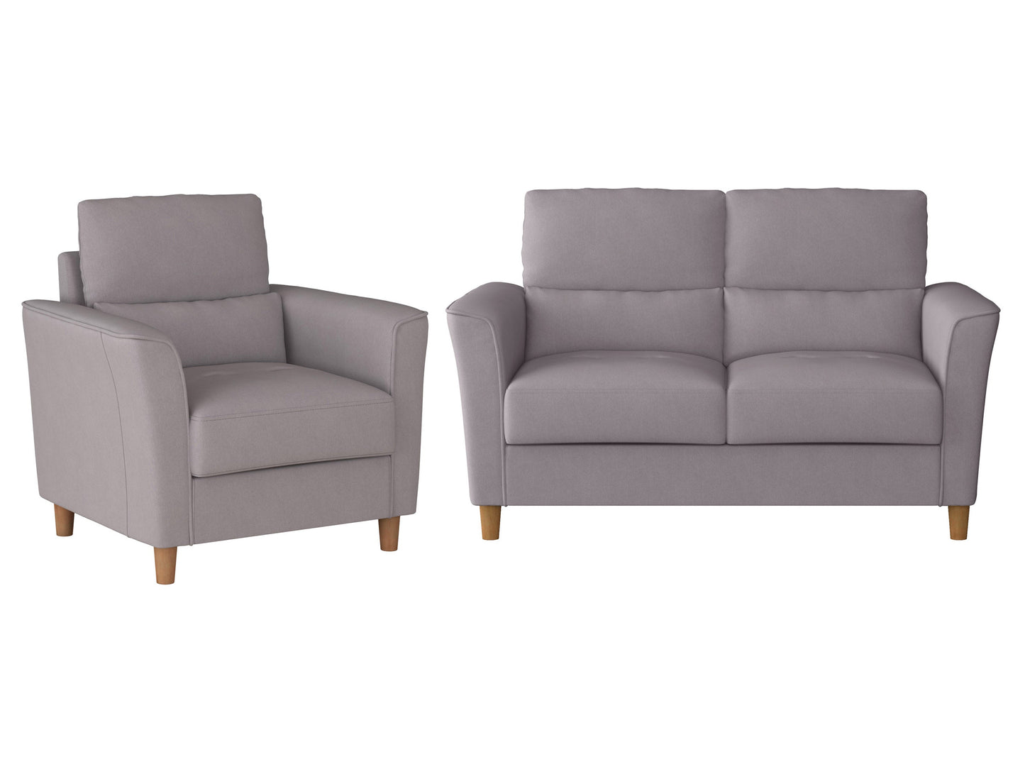 Gray 2-seater loveseat and chair set with plush cushions, sleek wooden legs, and soft linen upholstery. Ideal for modern living rooms, this sofa set offers comfort and style with its minimalist design and neutral tones.